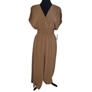 NWT Calvin Klein Aerowash Smocked Waist Crepe Tan Wide Leg Jumpsuit 6